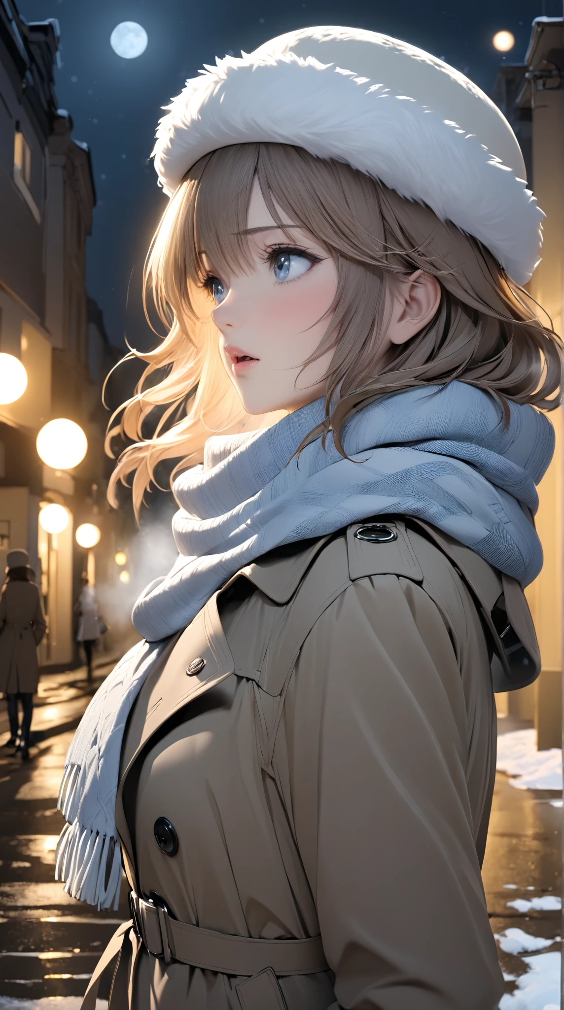 1girl,solo, trench coat, scarf, fur hat, looking away, cold breath, night