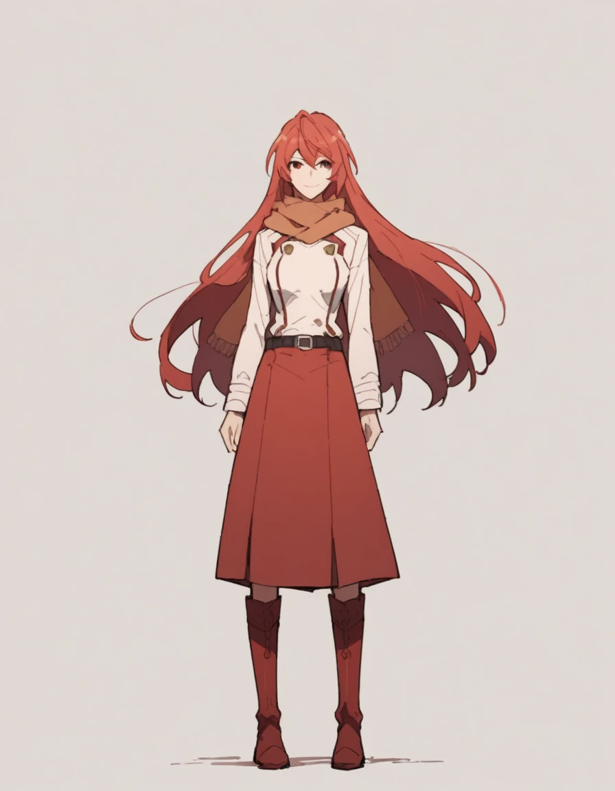 (score_9, score_8_up,score_7_up,source_anime,anime),solo,1girl,Hakaze,long hair,red hair,red eyes 
,light smile
BREAK
scarf,long sleeves,red skirt,belt,knee boots
,full body,standing,=
BREAK 
looking at viewer ,simple background  