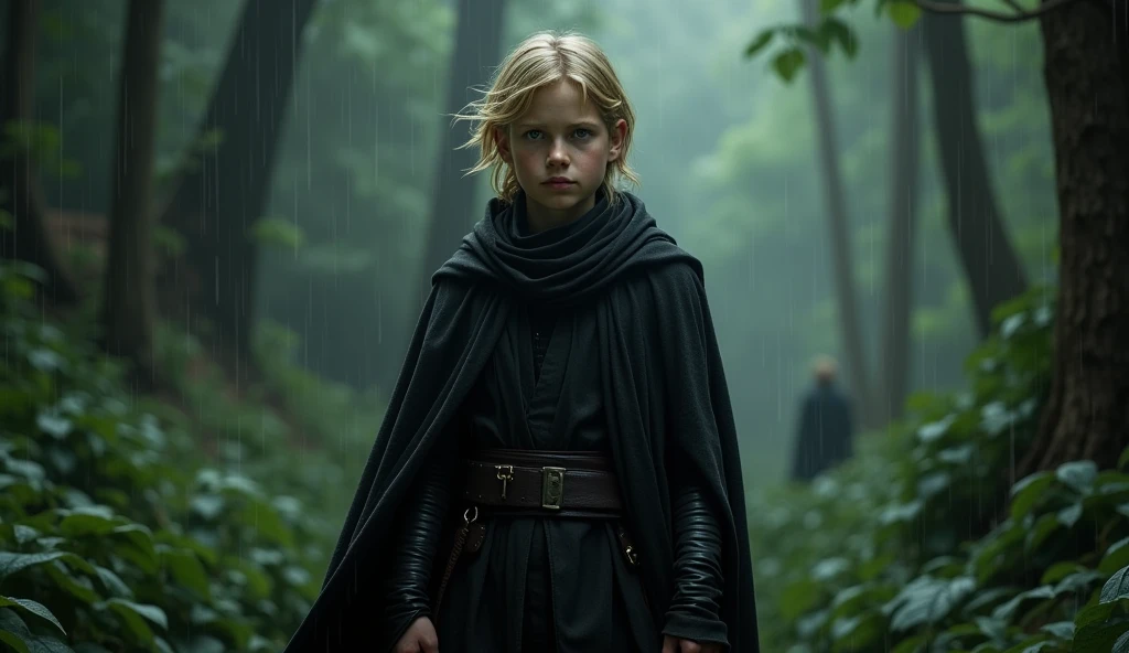 10 year old boy man blonde hair light blue eyes wearing full black padawan outfit boy
