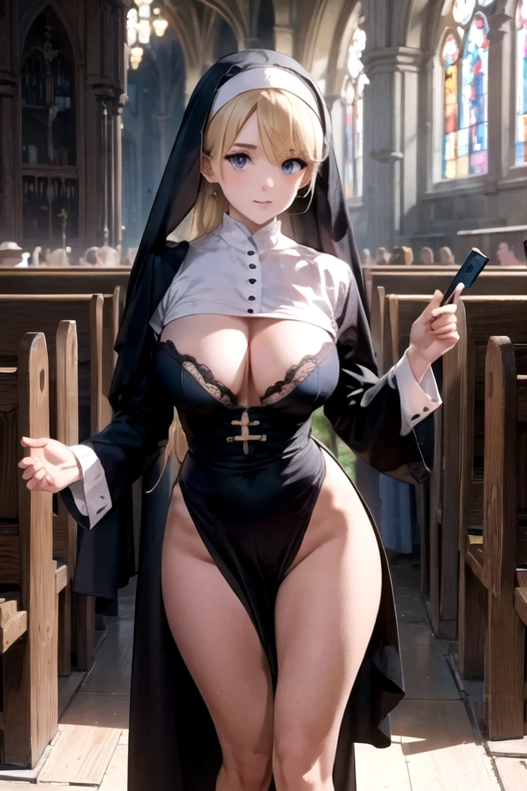 masterpiece,  top quality ,Ultra HD Explained,Full HD,16k, super resolution  , accurate human body,  correct human anatomy ,A bewitching scene, charming smile ,((Quaint church,stone church)),(((((  standing:2.0, Sexy Moves)))),  one woman:2.0, Watching viewers,((blonde alone, long hair_ ponytail_ blue bow ,Blue eyes, Beautiful White Skin  )),( open your eyes, sexy and attractive body that looks younger than her age_ far beyond age :1.5,  Well-balanced body:1.6,   long legs   ), (( abnormally large breasts ,p cup breasts, deep cleavage)),(((Nun,Nunの衣装_blue))),18 years old,German,Colours of the 90s,   cowboy shot,  Active Angles  ,Anime cell tone:1.4.