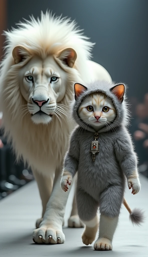 Exaggeratedly detailed newborn baby in a Himalayan cat fur costume rides on top of a large Himalayan cat walking in a real fashion show
