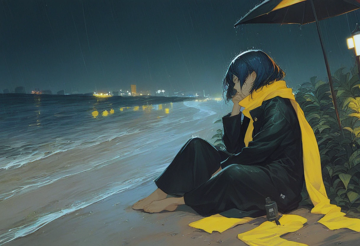 score_9, score_8_up, score_7_up, Girl in a black trench coat with a hood and yellow scarf, sitting on the beachfront, (Junko Mizuno, Hayao Miyazaki), beachfront, night, rain, (Junji Ito), Manga style, detailed drawing, charcoal and crayon style Japan.