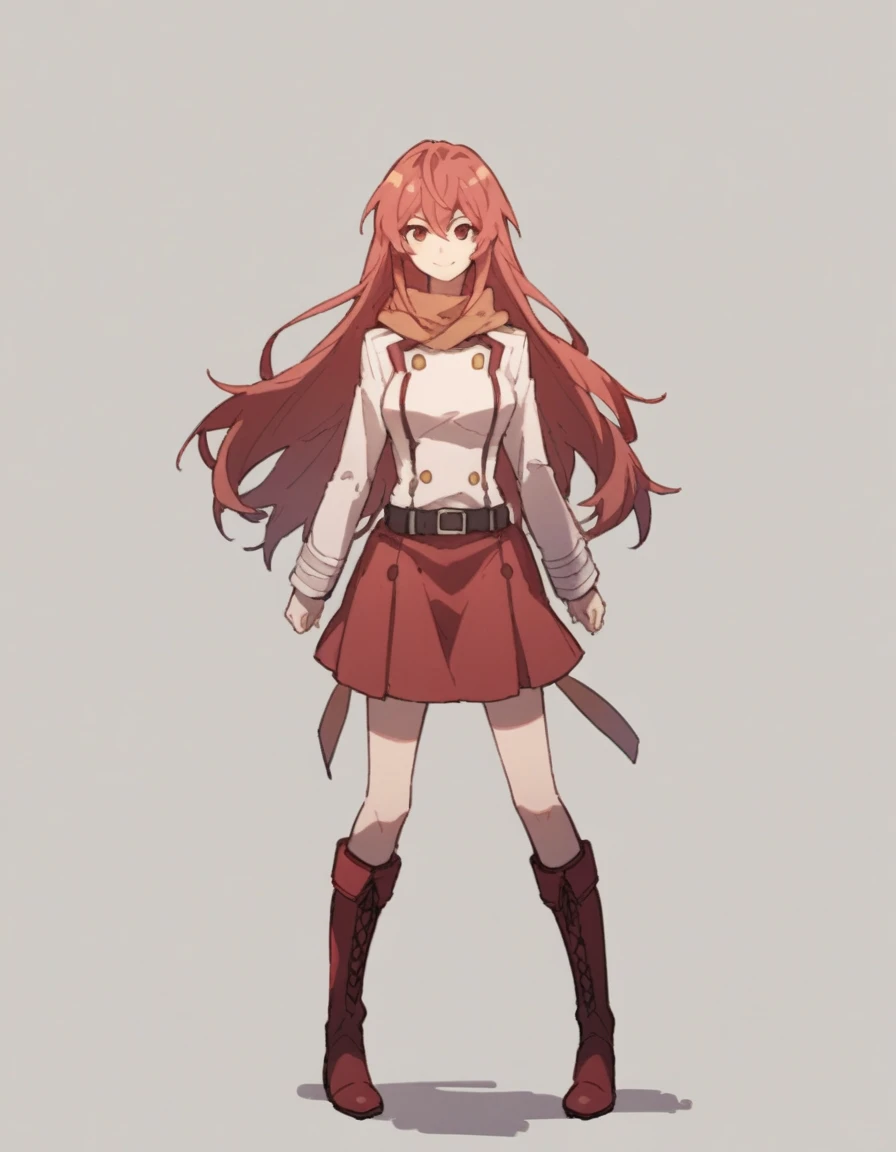 (score_9, score_8_up,score_7_up,source_anime,anime),solo,1girl,Hakaze,long hair,red hair,red eyes ,light smile BREAK scarf,long sleeves,red skirt,belt,knee boots ,full body,standing,= BREAK looking at viewer ,simple background