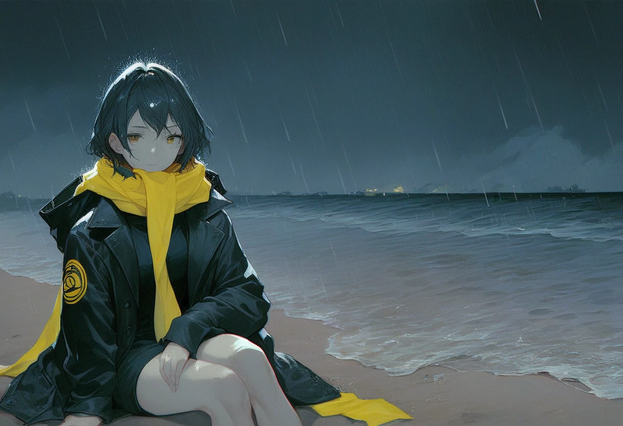 score_9, score_8_up, score_7_up, Girl in a black trench coat with a hood and yellow scarf, sitting on the beachfront, (Junko Mizuno, Hayao Miyazaki), beachfront, night, rain, (Junji Ito), Manga style, detailed drawing, charcoal and crayon style Japan.