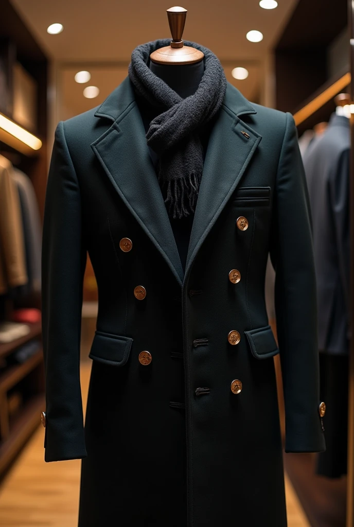 Showcase where men's coat with a beautiful black scarf is sold,  masterpiece fails, 8 k,  maximum details ,  better quality , 