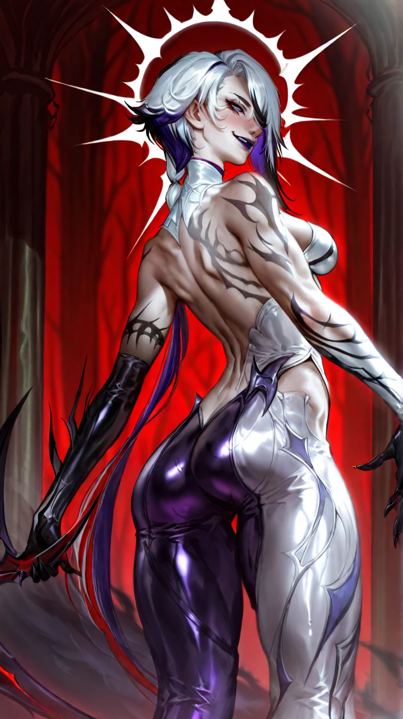 masterpiece, best quality, amazing quality, very aesthetic, absurdres,  high contrast color, high gamut,glare of light,newest,2.5D,volumetric lighting,

(View from behind,) Dutch angle,

 1girl, medium breasts, stands ,ass,glowing eyes,abs,muscles, athletic body,  bloody scythe in hand,shiny skin, (white skinny latex suit:1.3),white glowing halo, white  stockings, stands , looks at the viewer, sinister smile, blush,dark forest,dark scary trees in the background,red background,

arlecchino genshin impact, white hair, multicoloured hair,
,dark purple lips, dark makeup,good makeup, beautiful makeup,(black hands 5fingers and forearms with claws:1.1),aleriia,