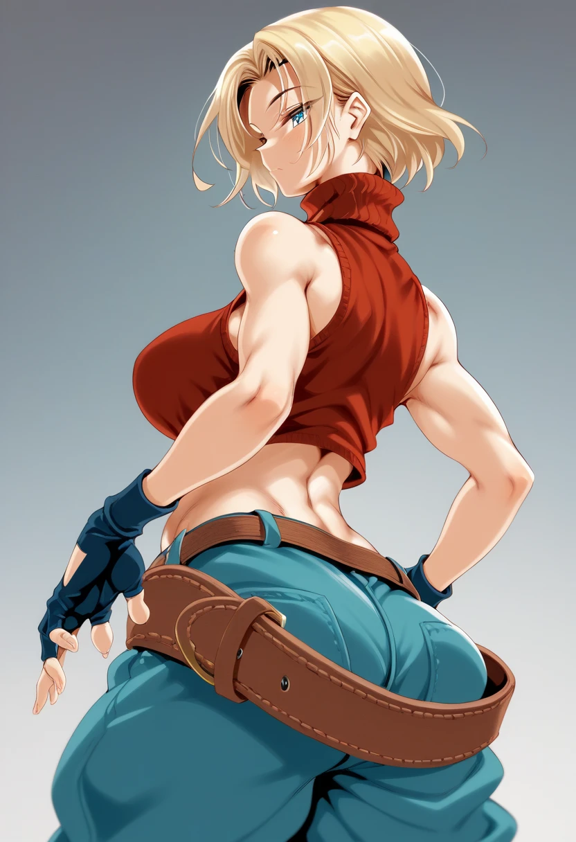  mature woman,big breasts ,wide hip,(cle masahiro:0.85),shiny skin,shiny clothes, sexual , sleeveless turtleneck, sleeveless, baggy pants, loose belt, red crop top, blue_Pants, fingerless gloves, medium blonde hair, American woman,big blue eyes, from behind,buttcrack