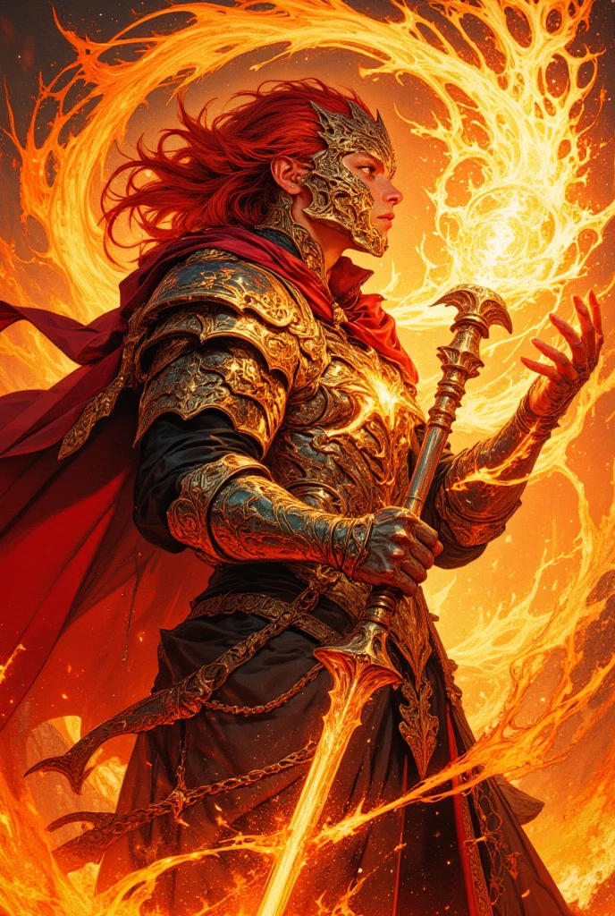 A half-body close-up of a fire-wielding battle mage, their intense amber eyes glowing like molten lava as flames dance wildly around their figure. Their fiery-red hair, streaked with gold, is swept back by the force of their own magic, crackling embers floating in the air around them. A jagged, flame-shaped staff crackles with searing energy in their right hand, while their left hand is outstretched, conjuring a swirling inferno that seems to spiral out toward the viewer.
The mage’s armor is a blend of obsidian-black metal and glowing ember-like inlays, giving the impression of armor forged in the heart of a volcano. A tattered crimson cloak billows behind them, its edges singed and smoldering, as if constantly under the heat of their power.
The angle is low and slightly tilted, emphasizing their commanding presence and the chaotic energy of the flames that engulf them. Sparks and ash float through the air, adding a dynamic sense of motion.
The style is heroic fantasy, with a focus on elemental power and fiery determination.
The color palette is dominated by fiery oranges, deep reds, and molten golds, with contrasting shadows to highlight the brilliance of the flames.