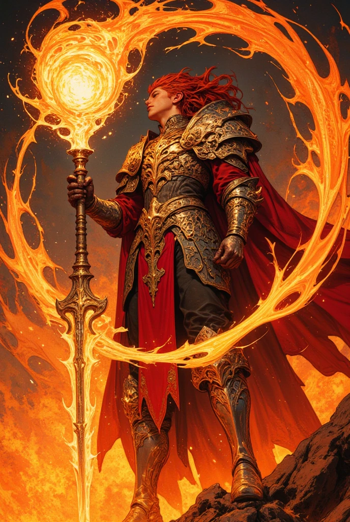 A half-body close-up of a fire-wielding battle mage, their intense amber eyes glowing like molten lava as flames dance wildly around their figure. Their fiery-red hair, streaked with gold, is swept back by the force of their own magic, crackling embers floating in the air around them. A jagged, flame-shaped staff crackles with searing energy in their right hand, while their left hand is outstretched, conjuring a swirling inferno that seems to spiral out toward the viewer.
The mage’s armor is a blend of obsidian-black metal and glowing ember-like inlays, giving the impression of armor forged in the heart of a volcano. A tattered crimson cloak billows behind them, its edges singed and smoldering, as if constantly under the heat of their power.
The angle is low and slightly tilted, emphasizing their commanding presence and the chaotic energy of the flames that engulf them. Sparks and ash float through the air, adding a dynamic sense of motion.
The style is heroic fantasy, with a focus on elemental power and fiery determination.
The color palette is dominated by fiery oranges, deep reds, and molten golds, with contrasting shadows to highlight the brilliance of the flames.