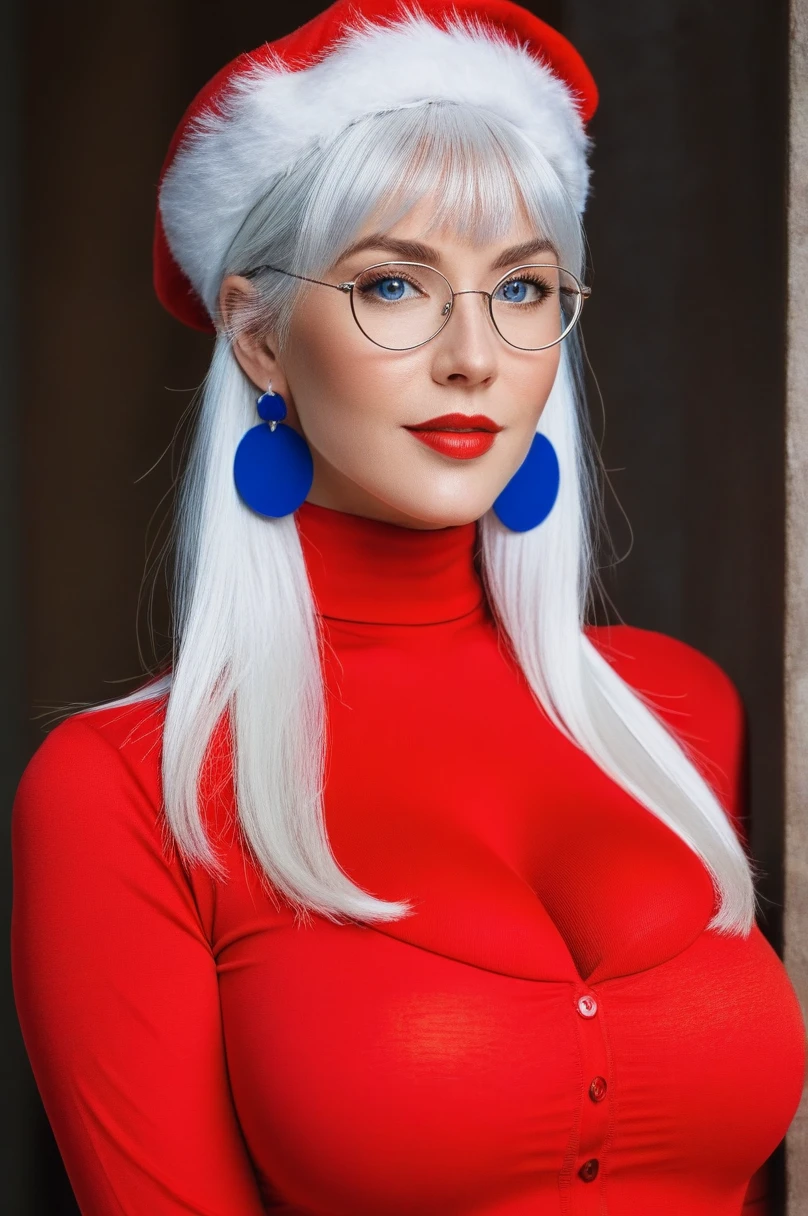 score_9, score_8_up, score_7_up, score_6_up, BREAK, MrsClausMFGXL, mature female, red lips, blue eyes, white hair, long hair, blunt bangs, blue earrings, glasses, red beret, huge breasts, collarbone, cleavage, santa costume, red shirt, long sleeves, solo, front view, (portrait, upper body), solo focus, neutral expression, looking at viewer, facial portrait, looking directly at camera no poses