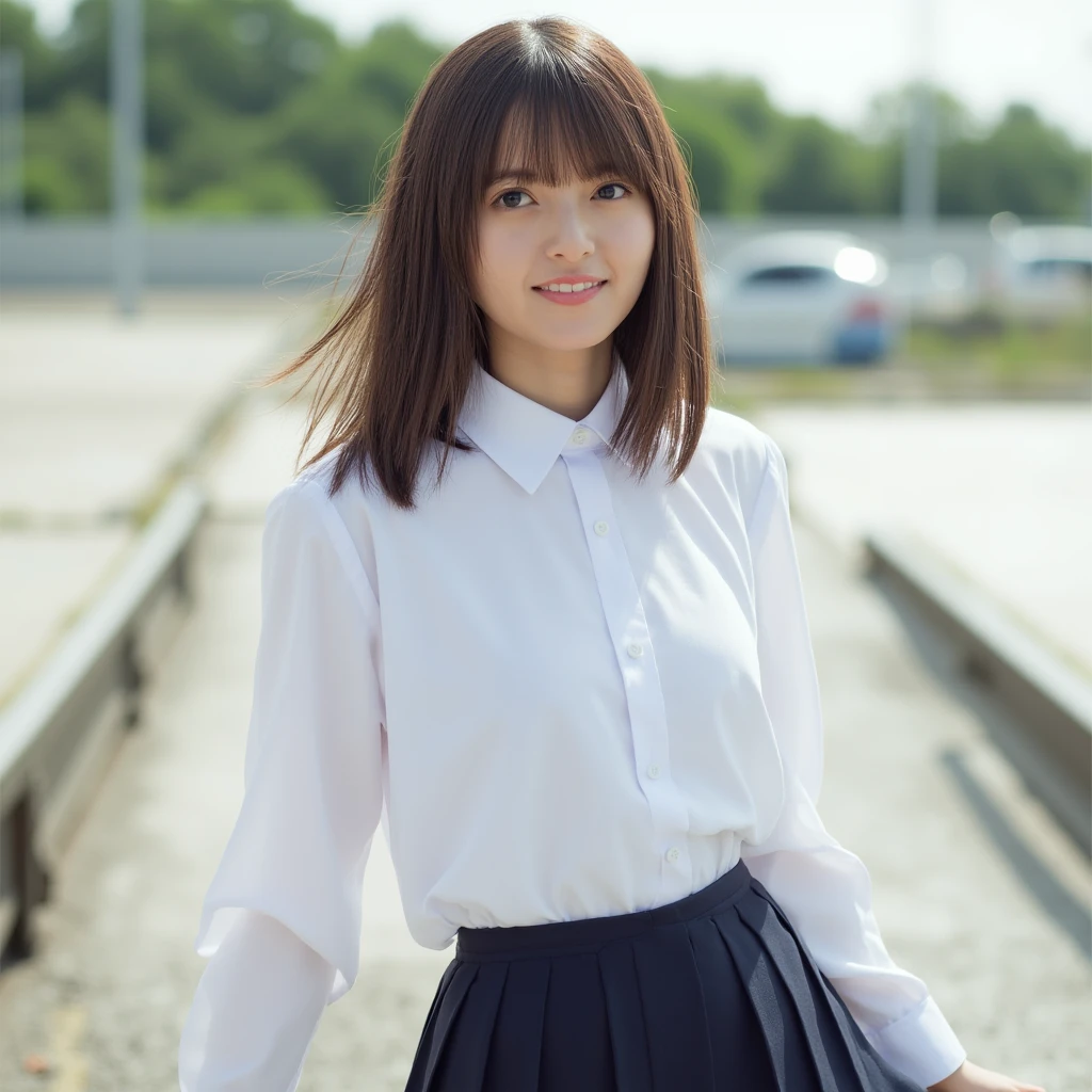 Full body. real,Her hair is straight and half down in the front. She is wearing a white collared shirt, a uniform, and a long skirt, highlighting her features. She is smiling. Full body, the wind blows up her skirt and reveals her panties, panty shot, panties, nipples, nsfw,Her features stand out, (((panties, upskirt, full body,  underwear))), portrait