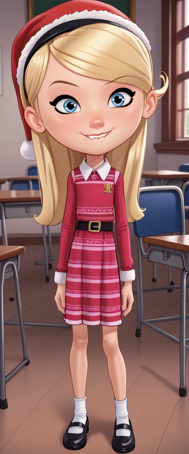 1girl, solo, full body, penny peterson, long hair, blue eyes, 3d, blonde hair, skirt, hairband, black hairband, white socks, dress, Red and White Stripped dress, long sleeves, Andystyle, Standing, Hands on hips, Lip Bite, wearing a Christmas Hat, cute smile, ((School)), spread legs, 4k