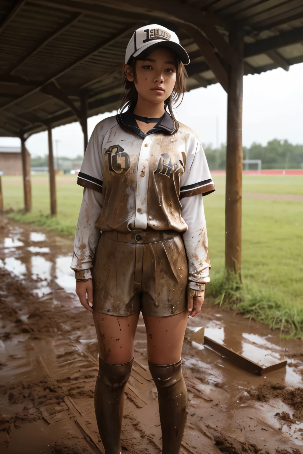 score_9, score_8_up, (1 girl), ((Jamaican:1.3)), (loli), (naughty smile), (solo), ((darkskin:1.2)), (baseball uniform), (thick thighs), (wide hips:1.3), (Humid:1.4), (very sweaty:1.4), ((Ballpark)),