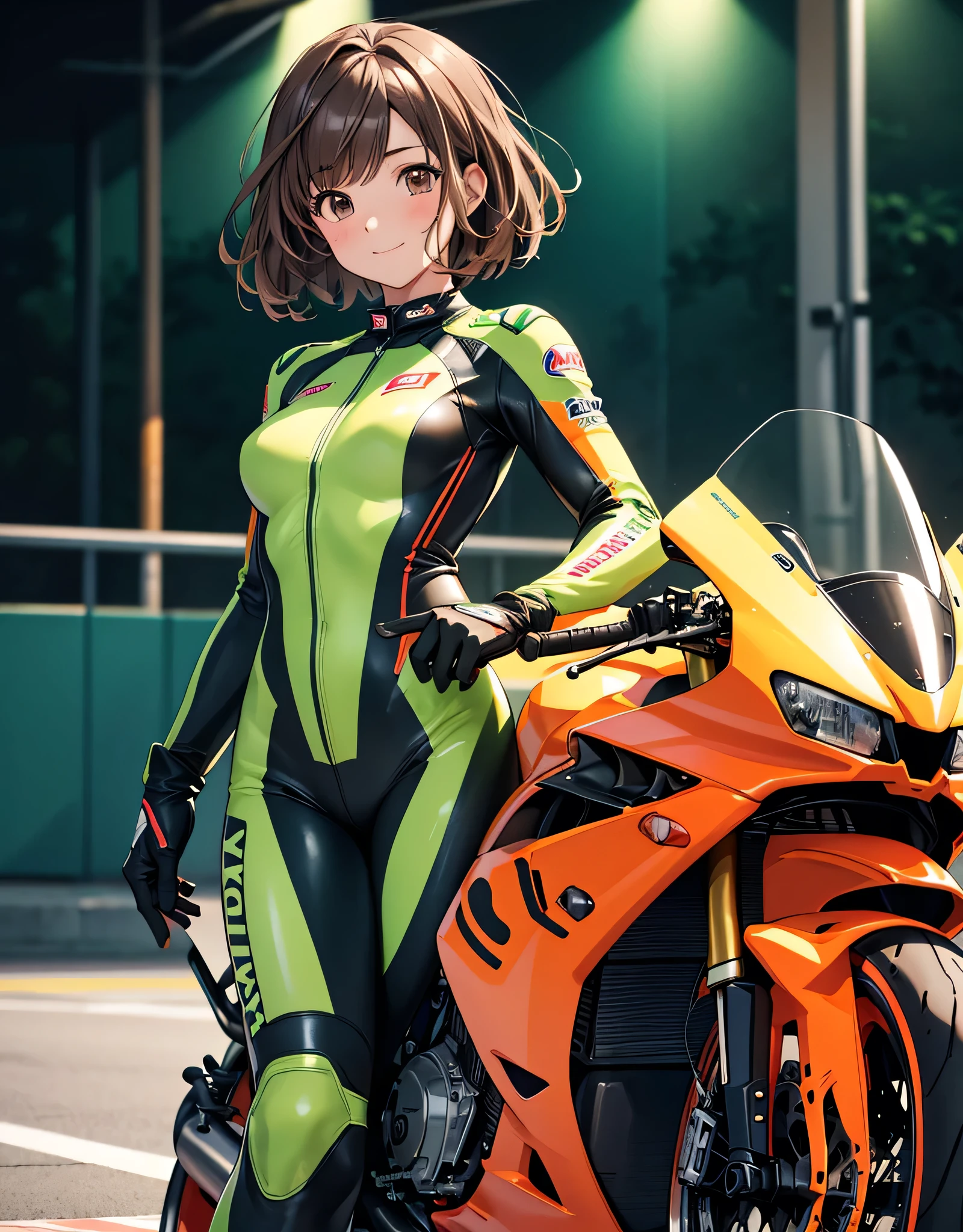 1 girl, solo, high res, chest, blush, smiles, short hair , bangs, brown eyes, high res, masterpiece, accurate, anatomically correct, wins numerous awards, 最 High Quality , high detail, high definition model , High Quality , retina, very detailed, Ultra Fine, Brown Hair, standing, ((( GREEN LEATHER RACING SUIT ))), circuit field background , GREEN SPORTS BIKE , wear a green racing suit all over, Leather gloves, open your mouth and laugh, Highlight the whole body, don't reveal your skin, During a circuit race, Motorcycle circuit , motorcycle circuit, racing suit with sponsor logo , ( 1 girl, Well-proportioned body, cute face, short hair:1.2), (最 High Quality , high res, anime style to cover left eye, Motorsports rider with digital drawing mode , realistic :1.1), MotoGP rider, pose beside a Moto GP bike with a helmet in hand, depth of field , Circuit Background , detailed texture with helmet in hand, No. 15, ((ゆるいフィットのレーシングスーツ)),