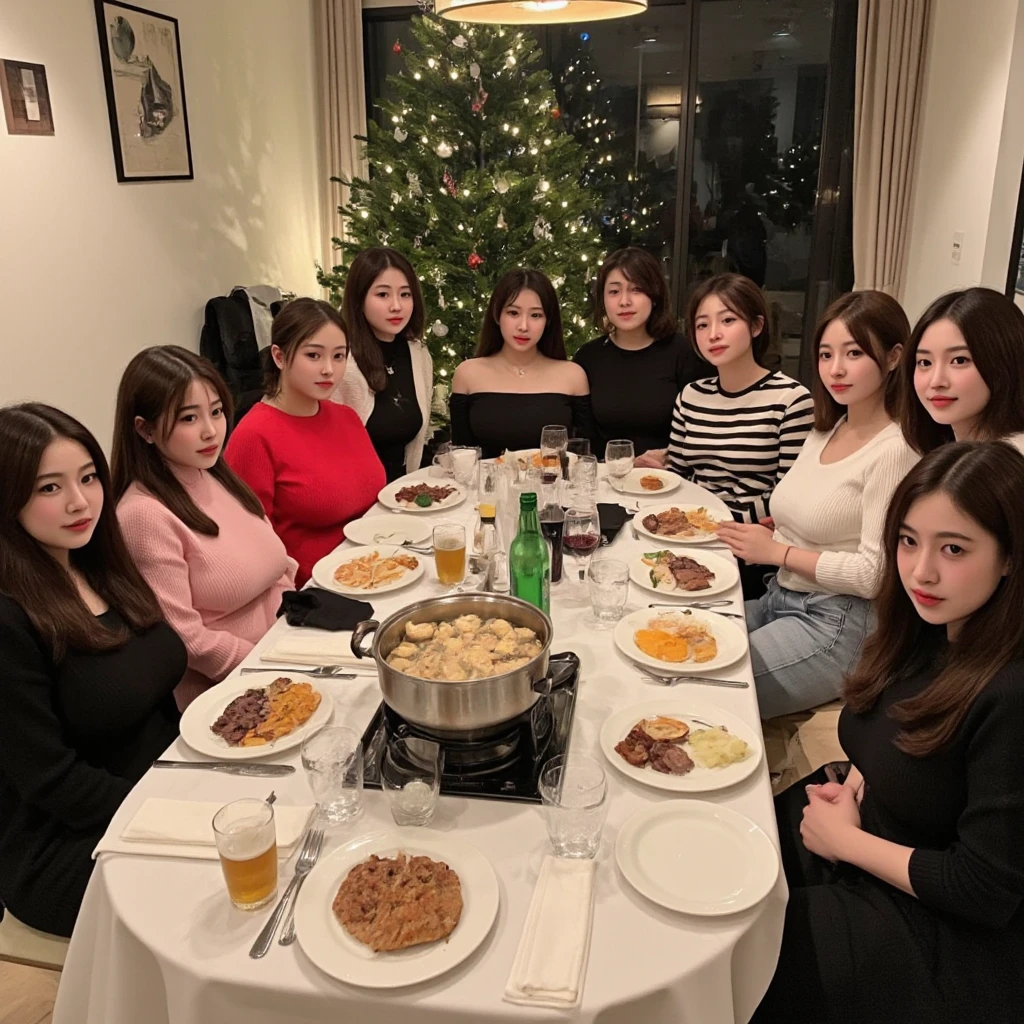 woman sitting at a table with Hot Pot, lots of food, beer, and wine, Chiho, Harumi, sakimi-chan, shikamimi, sakimichan,  Shiori Teshirogi,  narumi kakinouchi , shinsui ito, Yoshitomo Nara, ayamin to whom, Aoi Ogata, Junko Enoshima, beautiful faces, big breasts, large breasts, Asian house party, lots of people around, lots of friends around, 11 friends together, sitting together, SFW, random faces, different faces, different colour clothing, Fancy clothing, fancy house, super fancy house, rich house, mansion, Christmas, Christmas Dinner, Christmas Tree in the background, Christmas Decorations, No Nudity, No Nude, Safe For Work, SFW, Wearing clothes, slim, fit, athletic body type, cute faces, beautiful faces, models, super models,