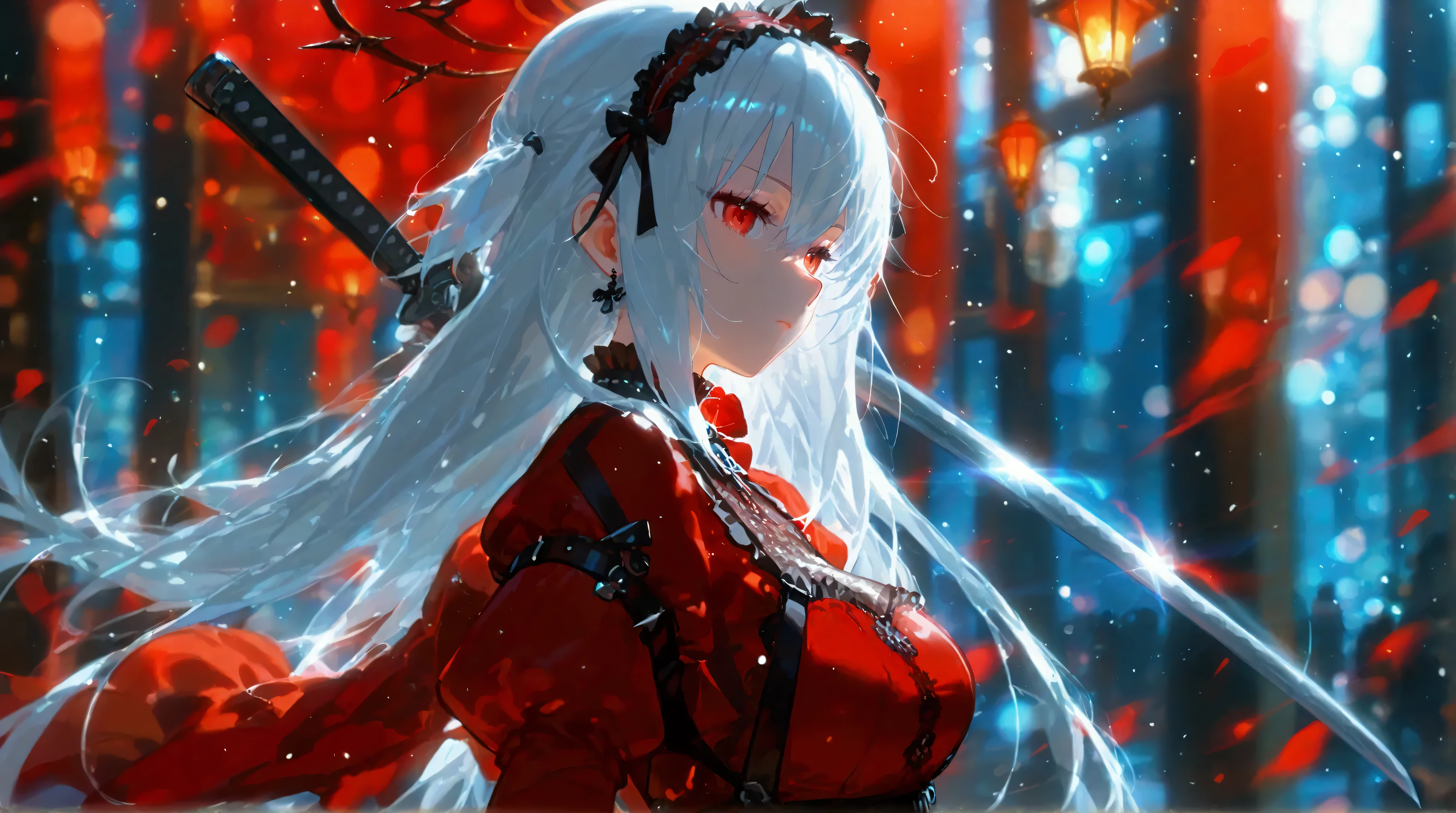 Anime girl with black and white hair in a red dress and holding a sword, Arknights, black and white photo in a red dress, Gothic maid style anime girl, white haired goddess, nightcore, trending on artstation pixiv, zerochan art, , digital art on pixiv, pixiv, anime art wallpaper 8K, pixiv style