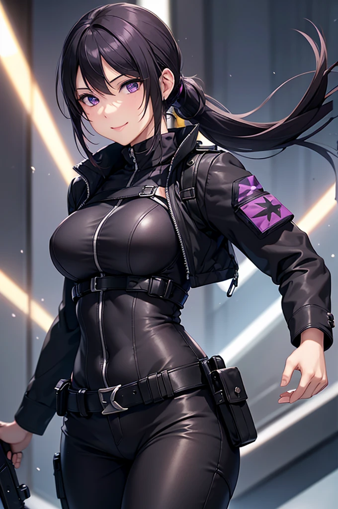 8k resolution,(( top quality )), super high res,Adult female, Alone,  sexy, (A strong smile), ( purple eyes),  beautiful symmetrical face , (Black long ponytail),Black combat vest,assassin's catsuit, suit pants, realistic :1.4, realistic :1.4,(  Masterpiece  :1.2), perfect eyes, perfect eyes, anatomically correct human body,Night Battlefield,mercenary, tactical belt ,holster,gun, muscular,Curvy Body