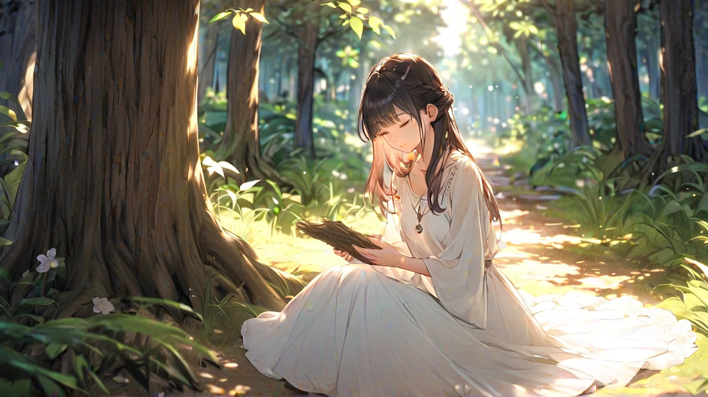There is a woman sitting under a tree in a field, Arte no estilo de Guweiz, realistic fantasy rendering, 2. 5 d cgi anime fantasia arte, bela arte digital, belas fotos avatar, photorealistic anime girl rendering, lovely languid princess, palace ， Uma  em Hanfu, pintura de personagem bonita, beautiful render of a fairytale.