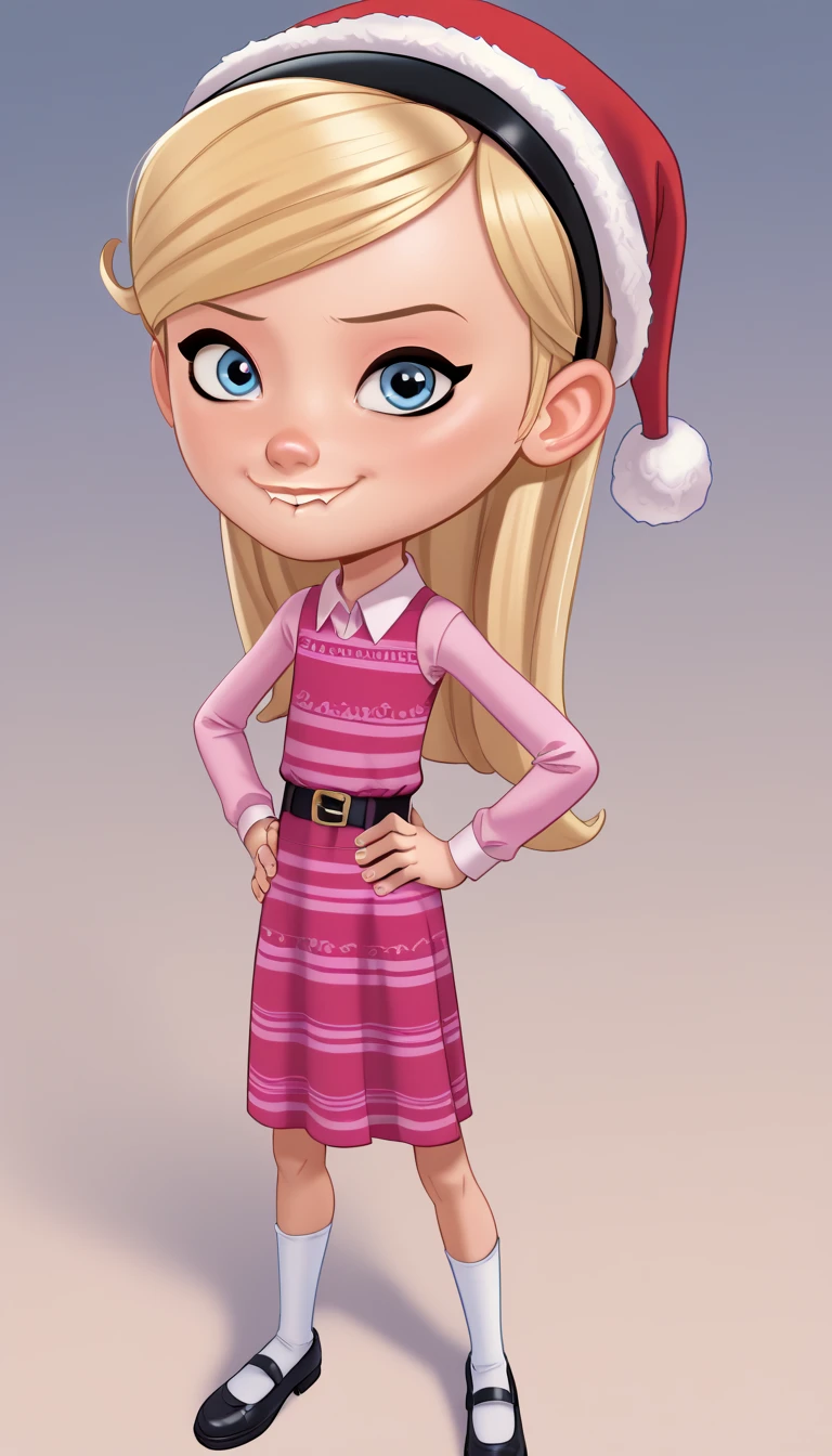 1girl, solo, full body, penny peterson, long hair, blue eyes, 3d, blonde hair, skirt, hairband, black hairband, white socks, dress, pink dress, long sleeves, Andystyle, Standing, looking back, Staring at Viewer, Hands on hips, Lip Bite, wearing a Christmas Hat, cute smile, ((School)), spread legs, 4k