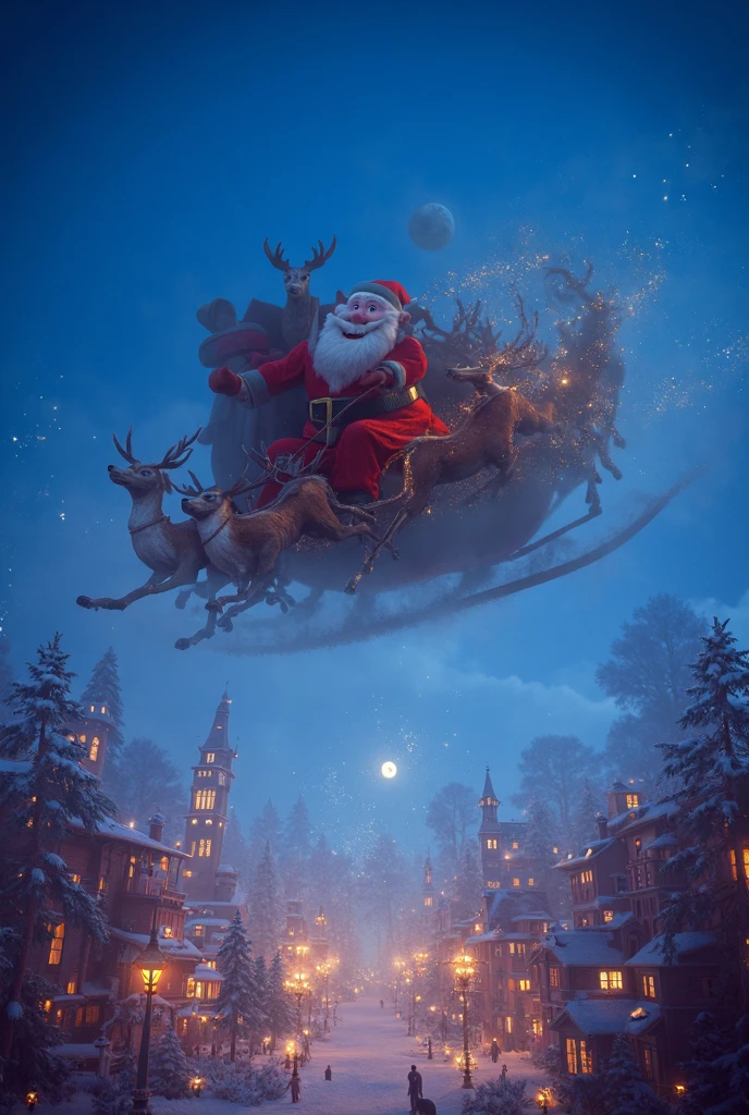 highly detailed, dynamic, cinematic, stunning, realistic lighting and shadows, vivid, vibrant, octane rendering, Unreal Engine, highly detailed, concept art, realistic, cry engine, (dramatic, grainy, intense: 1.4), highest quality, 32k uhd, incredibly detailed, intricately detailed, ultra detailed, ultra high quality, high detail, ultra detailed, masterpiece, A magical 3D Disney-style animation scene of (huge muscular Santa Claus) riding his sleigh, pulled by eight majestic reindeer, soaring high across a starry Christmas Eve sky. huge muscular Santa, dressed in his classic red suit and hat, waves cheerfully as he prepares to deliver presents to ren around the world. The sleigh sparkles with golden magic dust trailing behind, adding a whimsical glow to the scene. Below, a picturesque town is beautifully decorated with festive Christmas lights, with rooftops and trees shimmering in warm colors. The streets are bustling with tiny glowing details of families celebrating indoors. The night sky is deep blue, dotted with twinkling stars and the soft glow of a crescent moon, creating a sense of wonder and warmth. The style is vibrant and colorful, capturing the charm and magic of a Disney animated holiday story.