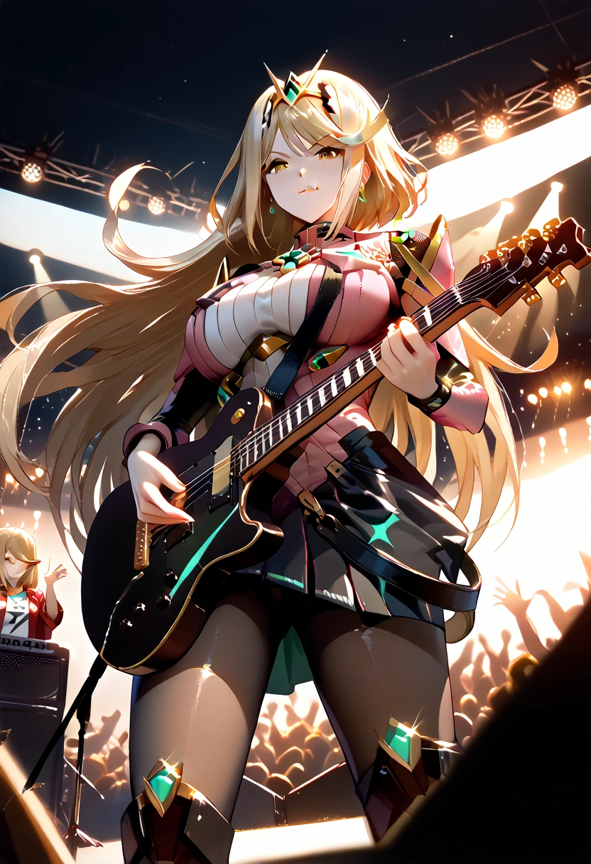 best quality, masterpiece, high resolution, ultra detailed, electric_guitar, playing_instrument,source_furry, rating_safe, 1girl, cowboy shot, gold necklace, pale skin, large breasts, skinny female, close up, from below, finally detailed face, half-closed eyes:1.5, smile mouth:1.2, pink style, punk suit, one-piece, pantyhose, boots, makeup, dynamic pose, erotic, Inciting the audience, on rock-festivals stage, concert, stage lights, stage, crowd, mythra \(xenoblade\), 1girl, yellow eyes, swept bangs, long hair, very long hair, blonde hair