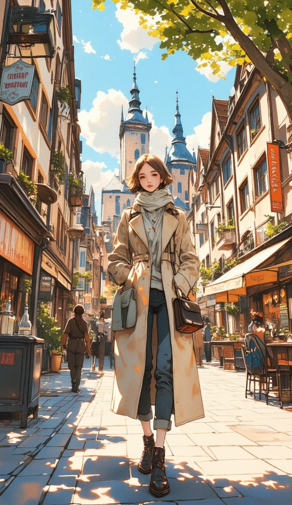 Close up of a woman walking through the streets of Strasbourg, the ancient capital of France, full color illustration , Picture of a woman walking through the city , Woman wearing a trench coat and scarf , conceptual art on a black cloth, Cafe in front of drama school ,With the passing streetcar in the background, A woman playing the violin ,Empty bottle,Rory Greasley, Most beautiful view  ,  Big Perspective,   just a joke  , visually stunning scene,  great background , sunlight filtering through the trees,Early Afternoon