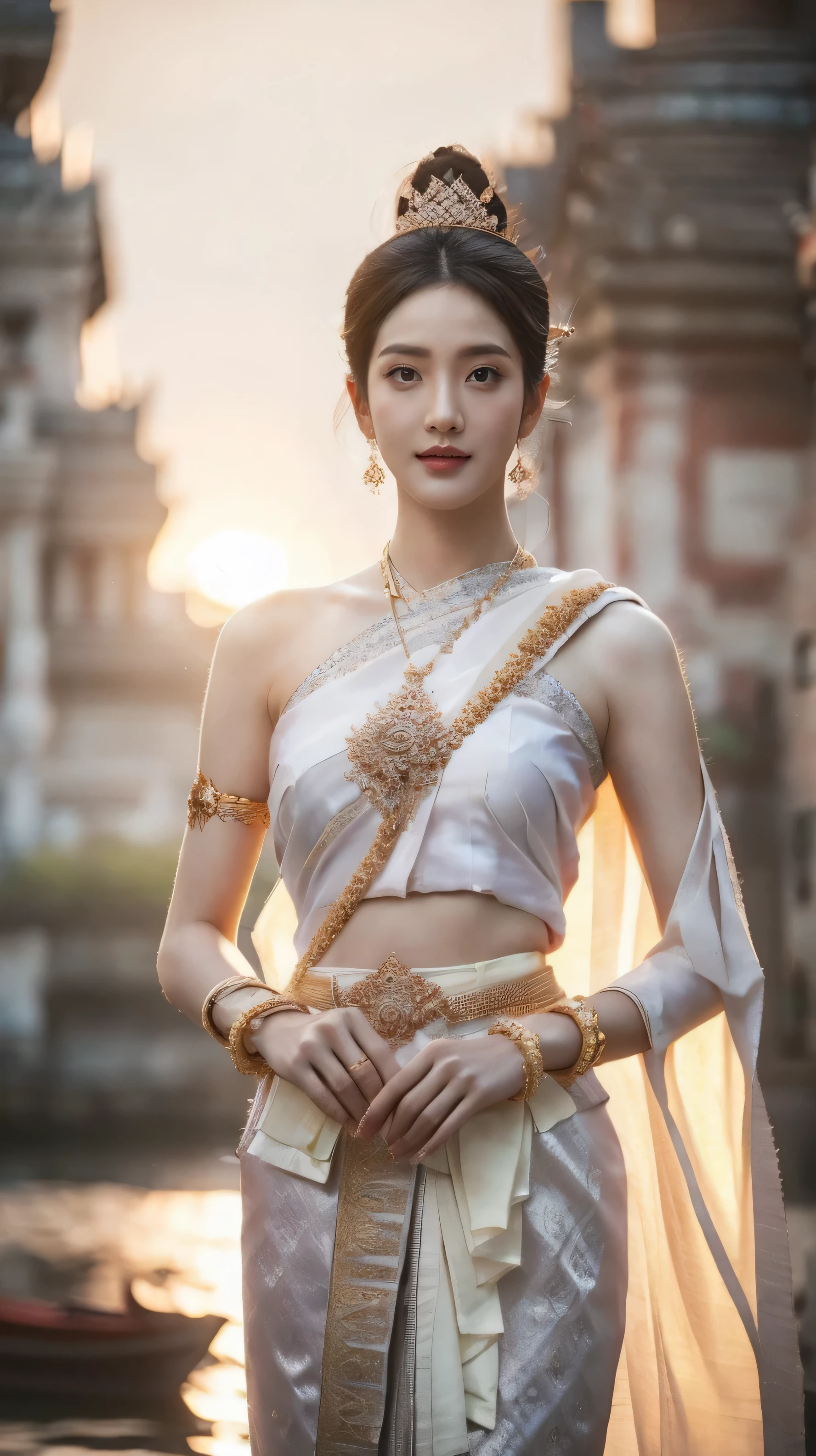 (((, a Korean couple stands in a collective energetic posture ))), (((1 man, 1 Female))), (((man with short hair is dressed in white Traditional Thai clothing))), Arawa. A young woman in a purple dress and gold necklace , Sukhothai set , , Delraba, Dilmurat , Traditional beauty, Thai cartoon girl , Traditional art, Traditional, New Day Monday, ตามที่ Thawan Duchanee, style, Beautiful princess , Traditional tai costume, Traditional dress, Beautiful Fantasy Empress , beautiful queen, A beautiful girl in a light grey Traditional Thai dress with an elegant shawl and flowing long hair stands confidently beside a handsome man dressed in white Traditional Thai clothing with short black hair. They stand in front of the Temple of Dawn in Bangkok , Both are arranged in that posture. There is energy along with black eyes that look directly at the audience . , the man has defined chest muscles , while the girl has a naturally harmonious figure , , the refinement of breasts , , adding elegance. and elegance to her figure. . the evening sun Creating flared lenses and soft shadows , , shines for a delicate look , Double eyelids, and realistic textures . , the architecture of the temple and the surrounding electric current gables provide a rich atmosphere. , Atmospheric background with slight color discrepancy effect for artistic perfection. This image is a full body shot , ultra-realistic, measurements, and captures the unique beauty .