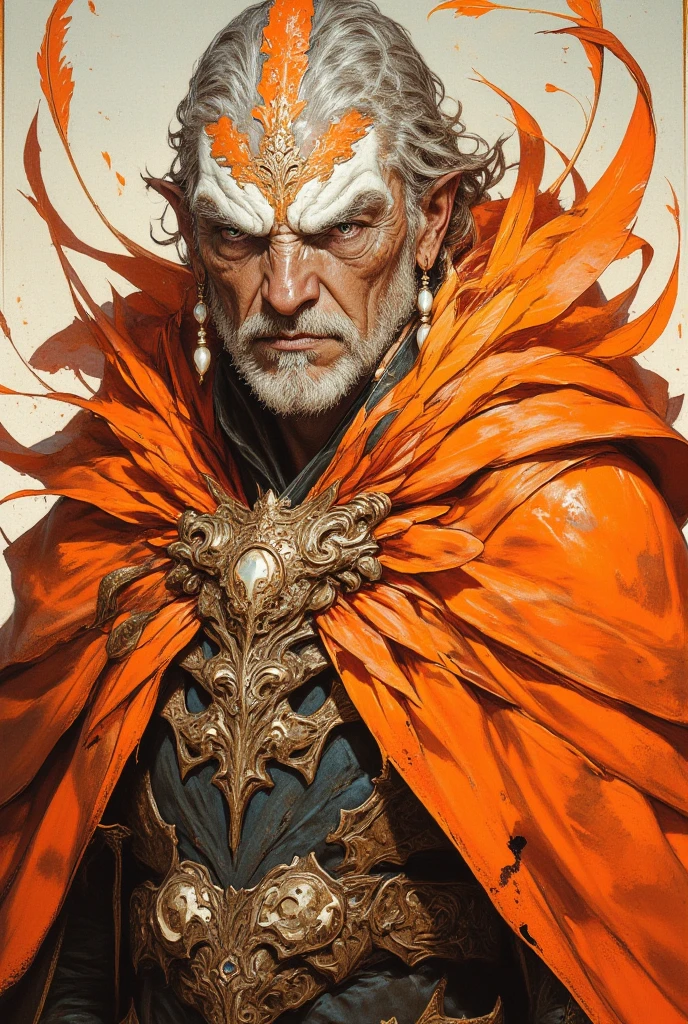 A striking portrait of an elderly figure draped in an elaborate orange feathered cloak, exuding wisdom and dignity. The figure has deeply lined facial features, with intense yet warm golden-hued eyes and thick white eyebrows that accentuate their expressive face. Their short, silver hair is adorned with a few orange feathers, adding a ceremonial and naturalistic touch to their appearance. The feathered cloak is vibrant and voluminous, with layers of soft, flowing feathers creating a dynamic and regal presence. Small feathers appear to be floating in the air around them, adding a sense of movement and mysticism. They wear a pair of pearl earrings and a traditional beaded necklace, enhancing their majestic and symbolic aura. The background is neutral and understated, allowing the intricate details of the figure and their garments to stand out. The overall atmosphere suggests a sacred ritual, a figure deeply connected to nature, or a representation of an elder embodying wisdom and tradition.
