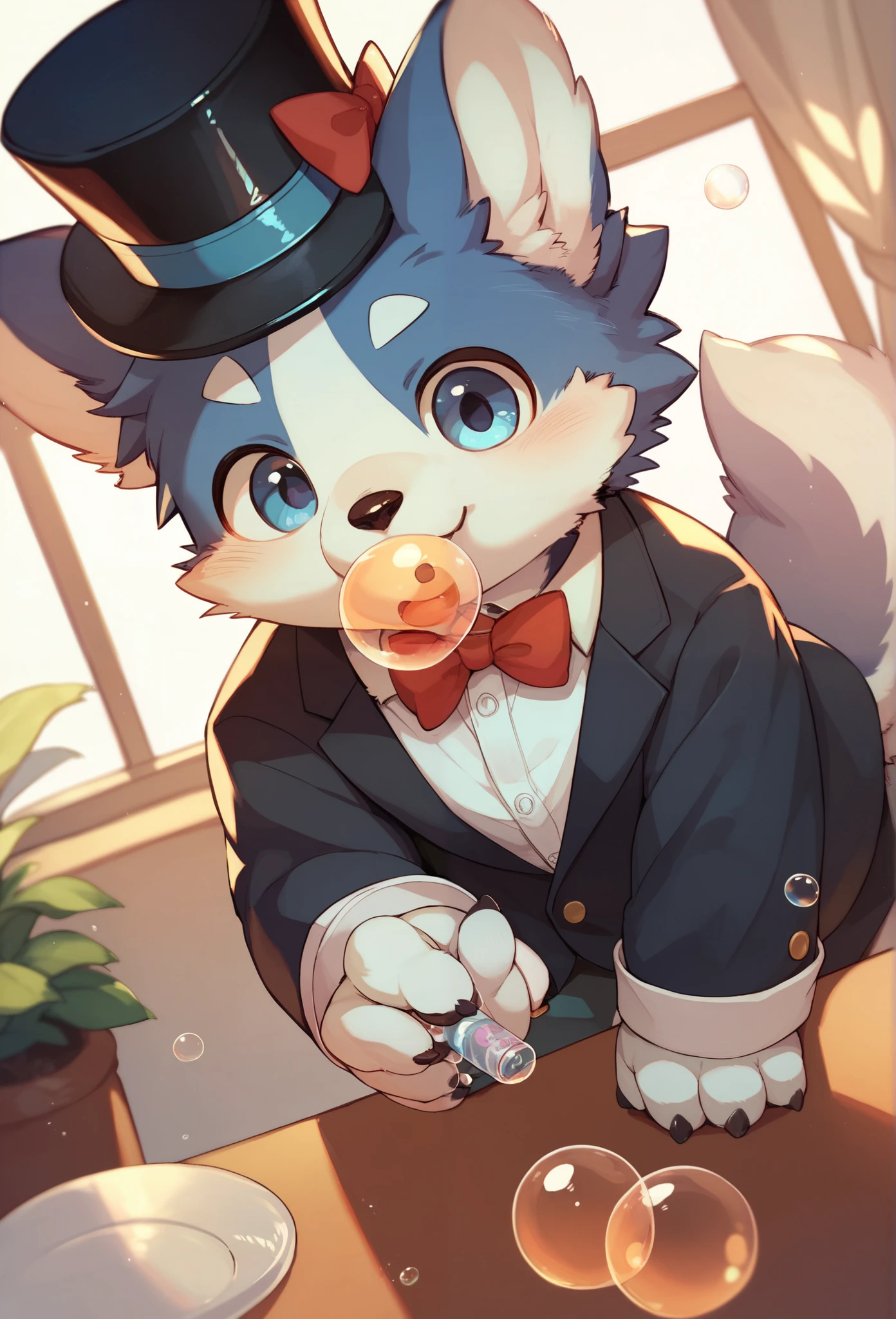 furry,kemono, toddler（one cute  blue husky bubble boy）,   solo,   single,  Bubbles,    blowing bubbles through his mouth,   wearing a Top hat,   wearing a bowtie,      happy,      protrait photo,  HD