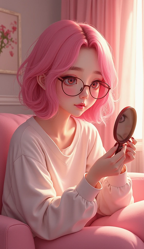  The image shows a girl with bright and expressive features,  bow stylized in the genre of anime or digital art . She has colorful hair ,  turning from blue to pink , , which gives it a fabulous and slightly fantasy look .  Her big eyes emphasize the soft and gentle look .  The girl is dressed in pale blue I wear clothes with a , , which adds sophistication and innocence to the image .

 In front of her is a bright pink cake ,  decorated with cream and berries ,  who is in the spotlight .  The background of the picture is a cozy cafe with soft light ,  with people sitting at other tables .  The cafe windows offer a view of a city street with blurred details ,  creating an atmosphere of warmth and comfort .

 The overall tone of the image is light and rich ,  conveying harmony and a sense of celebration or a pleasant moment .