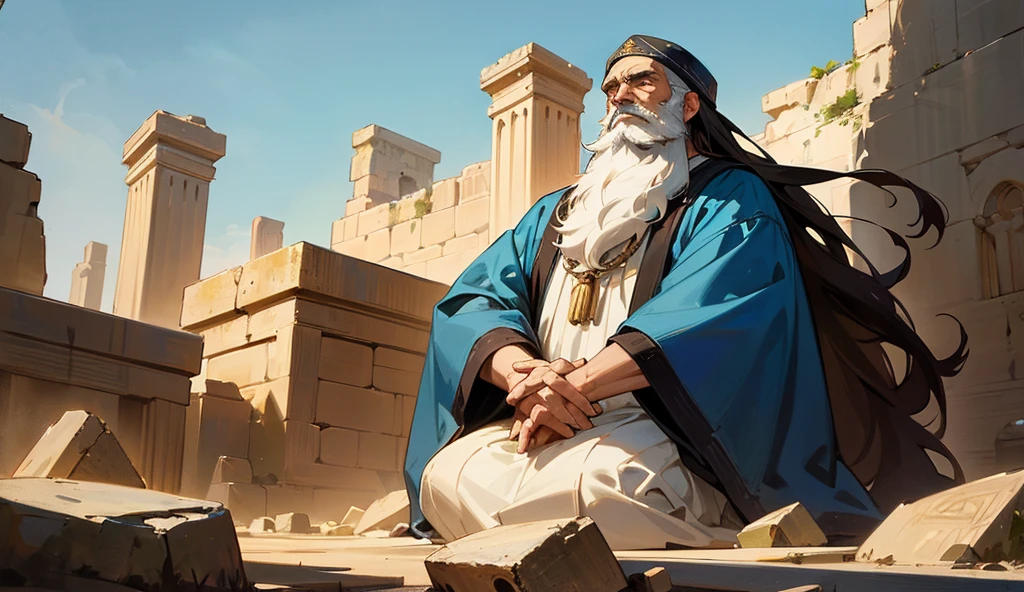 image showing a distinguished middle-aged man with long hair and beard on his knees and looking up to the sky with his hands clasped in prayer, wearing biblical clothing from the time of Abraham; a biblical city from ancient times in the background;