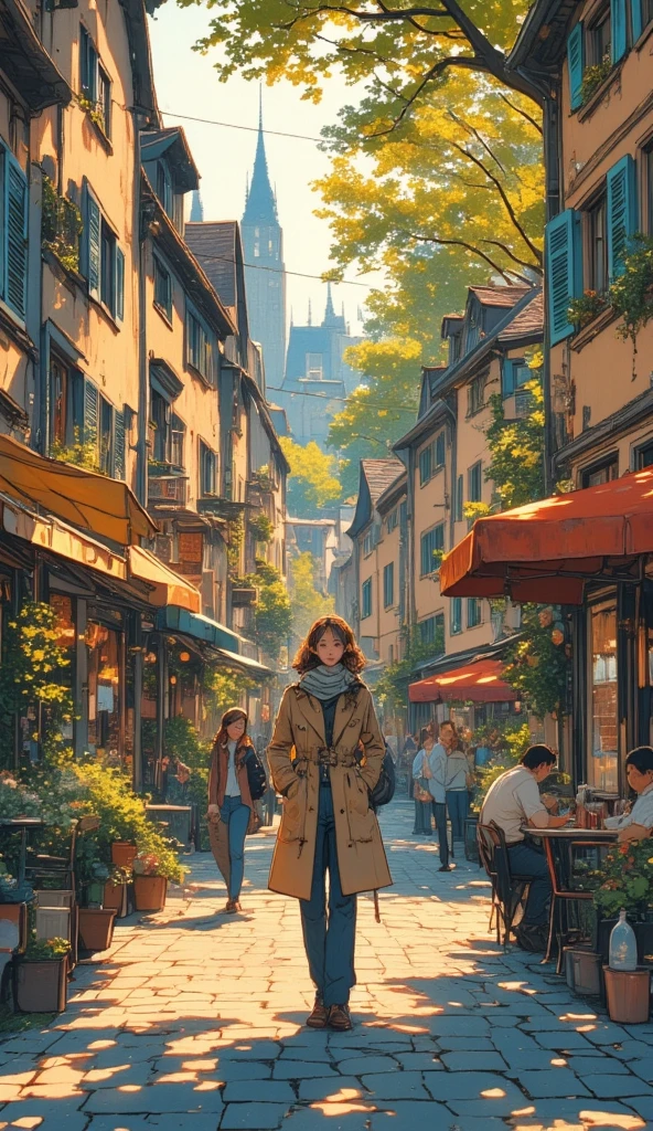 Close up of a woman walking through the streets of Strasbourg, the ancient capital of France, full color illustration , Picture of a woman walking through the city , Woman wearing a trench coat and scarf , conceptual art on a black cloth, Cafe in front of drama school ,With the passing streetcar in the background, A woman playing the violin ,Empty bottle,Rory Greasley, Most beautiful view  ,  Big Perspective,   just a joke  , visually stunning scene,  great background , sunlight filtering through the trees,Early Afternoon