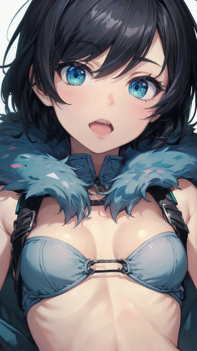 Close-up of a cartoon girl with blue hair and a yellow shirt, 2D Animation, 2D Animation style, 2D Art, 2D Art, 2D from Gorillaz, 2D from Gorillaz, 2D Gorillaz, Screaming Cerket, 2D Sprites, Jinx Face, short hair, Small breasts, hot pants, ((Black Hair, Bright blue fur inside:1.4))