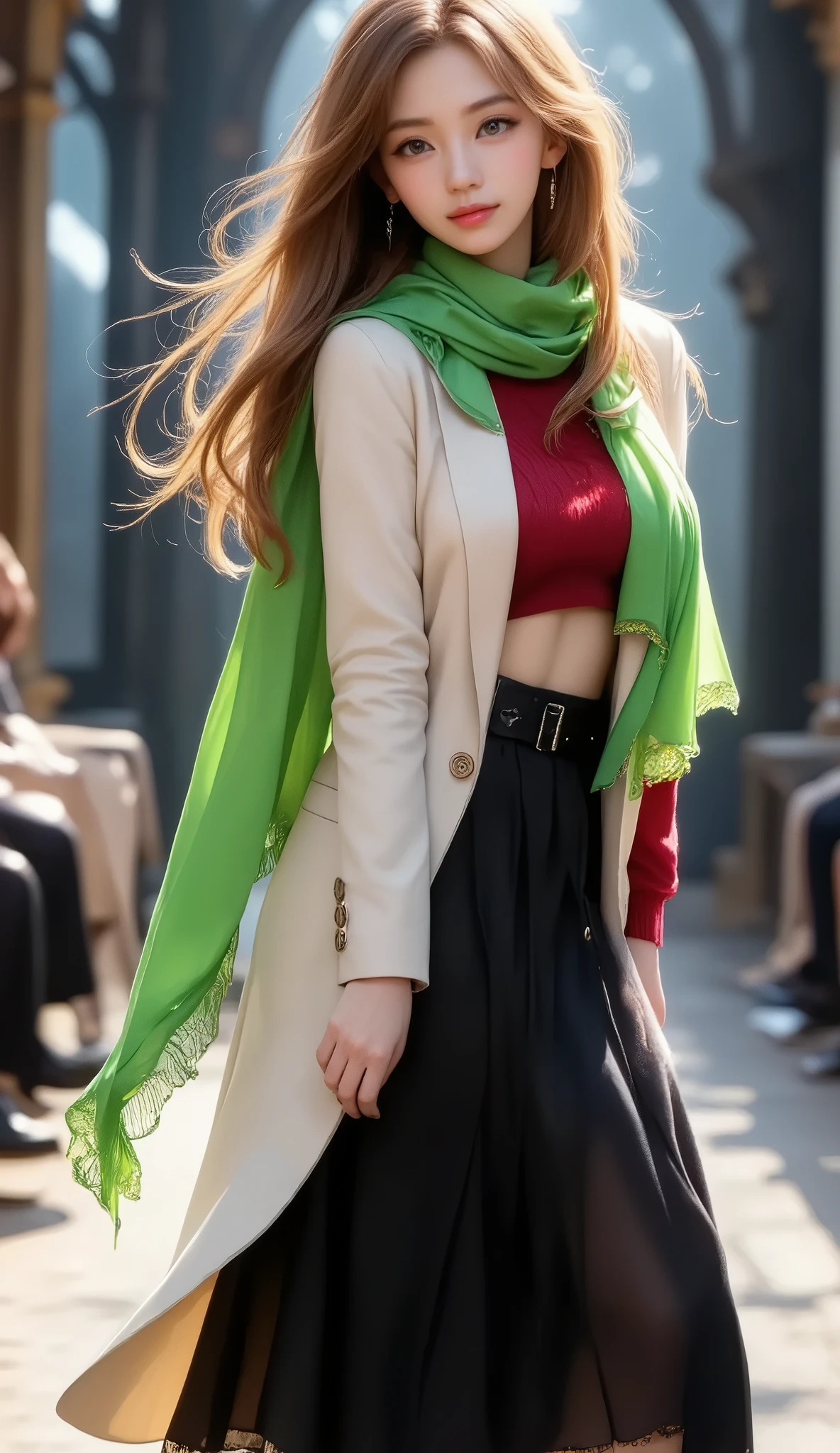 (ultra detailed, absolutely resolution, best quality:1.3),, delicate and dynamic, shading effects, hyper realistic, artistic photography,, ((full body shot:1.8), side view, (angle from below:1.8),,low angle shot:1.7), a long blond haired woman, (walking down the runway at a fashion show:1.2), (wearing a red sweater, black long skirt, white Trench Coat, and long green Scarf:1.7), wind brows her coat and scarf, Inspired by Magali Villeneuve, fantasy art portrait , fantasy portrait art, detailed matte fantasy portrait , Alice x. open, fantasy portrait , epic fantasy art portrait , beautiful fantasy art portrait , Magali Villeneuve, Graphic Artist Magali Villeneuve, Fantasy genre portrait , epic fantasy digital art style