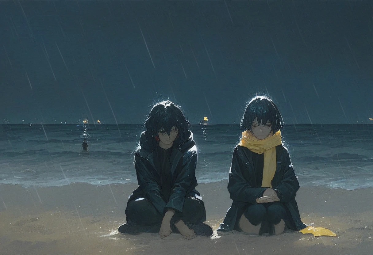 score_9, score_8_up, score_7_up, Girl in a black trench coat with a hood and yellow scarf, sitting on the beachfront, (Junko Mizuno, Hayao Miyazaki), beachfront, night, rain, (Junji Ito), Manga style, detailed drawing, charcoal and crayon style Japan.