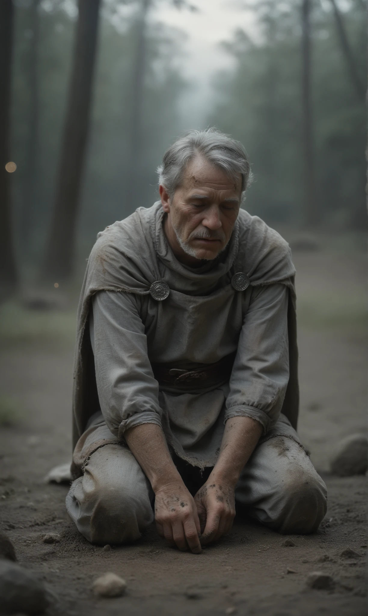 score_9, score_8_up, score_7_up, score_6_up, photo, realism, photorealistic, middle ages, old man, knight, kneeling with head bowed, crying, gray hair, gray beard, in the dirt, dark lighting, cloudy, depth of field, bokeh