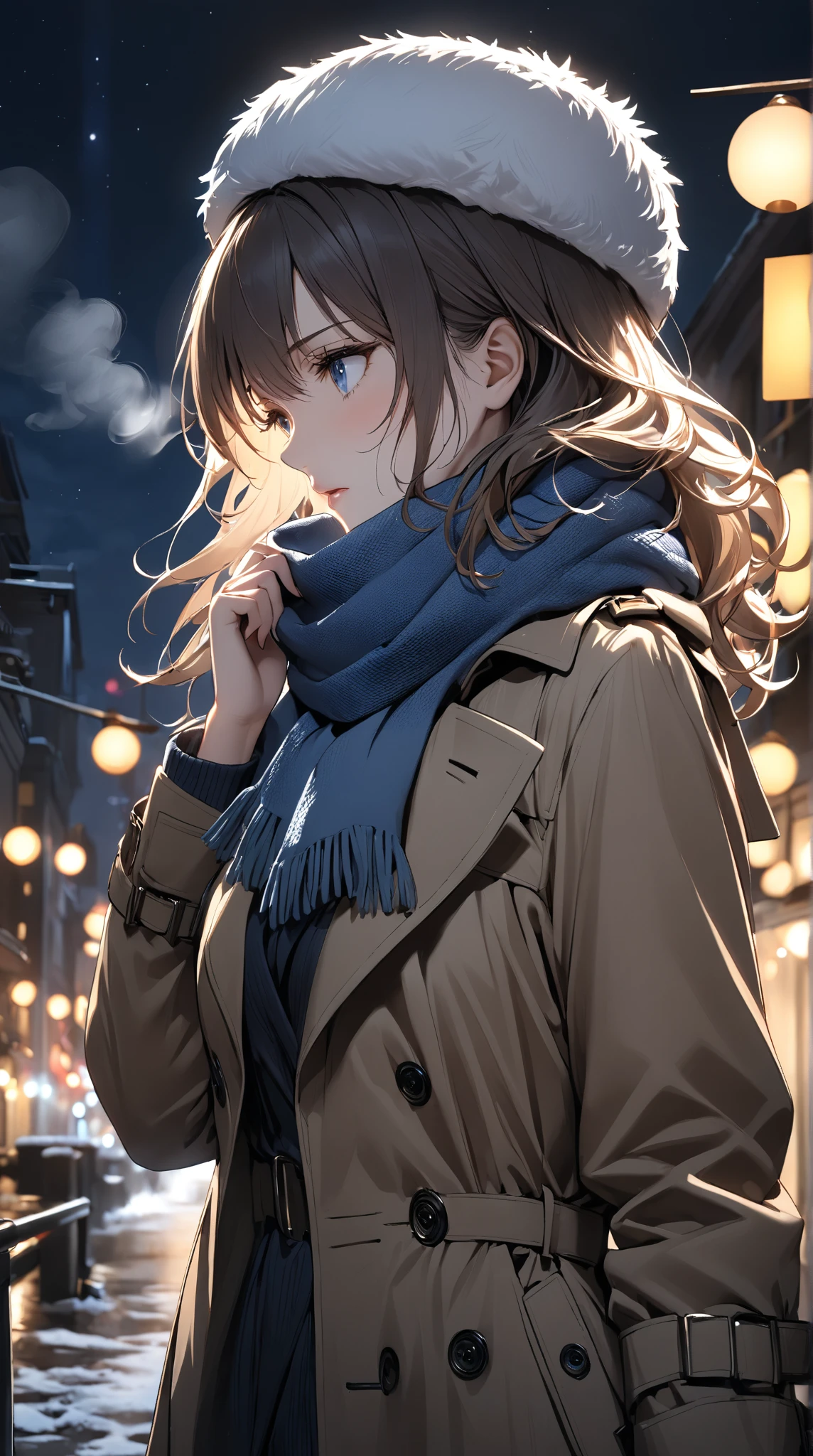 1girl, trench coat, scarf, looking away, cold breath