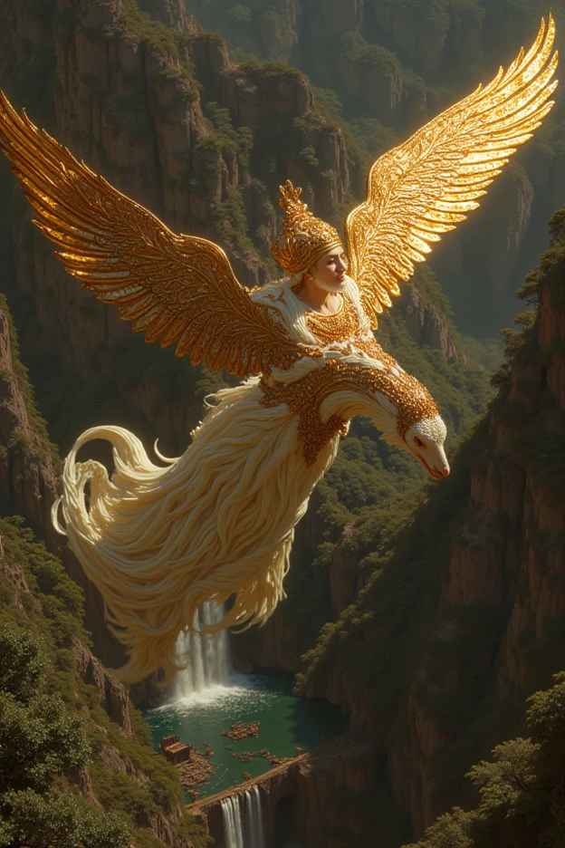 "Create a stunning depiction of full figure of flying hybrid of man and bird, hansome desi bearded man as a mystical half-human, and golden half-bird creature from Hindu mythology. The Kinnara should have the graceful male upper body of a celestial man with delicate, hairy chest, intricate floral jewelry and ethereal ancient indian garments that flow like the wind. Its lower body transitions into a majestic bird, reflecting divine light. Surround the Kinnara with a heavenly landscape of lush, ancient forests, and waterfalls cascading down from celestial heights. The atmosphere should be filled with a soft, golden light, highlighting the Kinnara's divine aura, while in the background, a temple or shrine dedicated to music and art should be visible, as Kinnaras are also known as divine musicians in Hindu mythology.