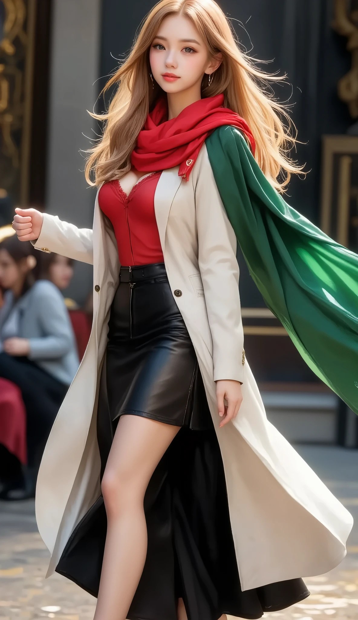 (ultra detailed, absolutely resolution, best quality:1.3),, delicate and dynamic, shading effects, hyper realistic, artistic photography,, ((full body shot:1.8), side view, (angle from below:1.8),,low angle shot:1.7), a long blond haired woman, (walking down the runway at a fashion show:1.2), (wearing a red sweater, black long skirt, white Trench Coat, and long green Scarf:1.7), wind brows her coat and scarf, Inspired by Magali Villeneuve, fantasy art portrait , fantasy portrait art, detailed matte fantasy portrait , Alice x. open, fantasy portrait , epic fantasy art portrait , beautiful fantasy art portrait , Magali Villeneuve, Graphic Artist Magali Villeneuve, Fantasy genre portrait , epic fantasy digital art style