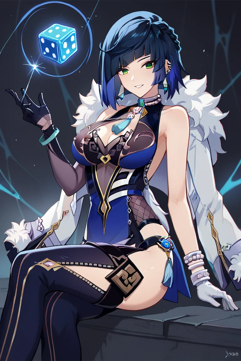 yelanv11, 1girl,breasts, looking at viewer, smile, short hair, bangs, large breasts, gloves, dress, holding, cleavage, jewelry,green eyes,blue hair,jacket,earrings,sleeveless,black gloves,bob cut,white jacket,fur-trimmed jacket,Sitting on a cave containing magic ore,Dice handle 