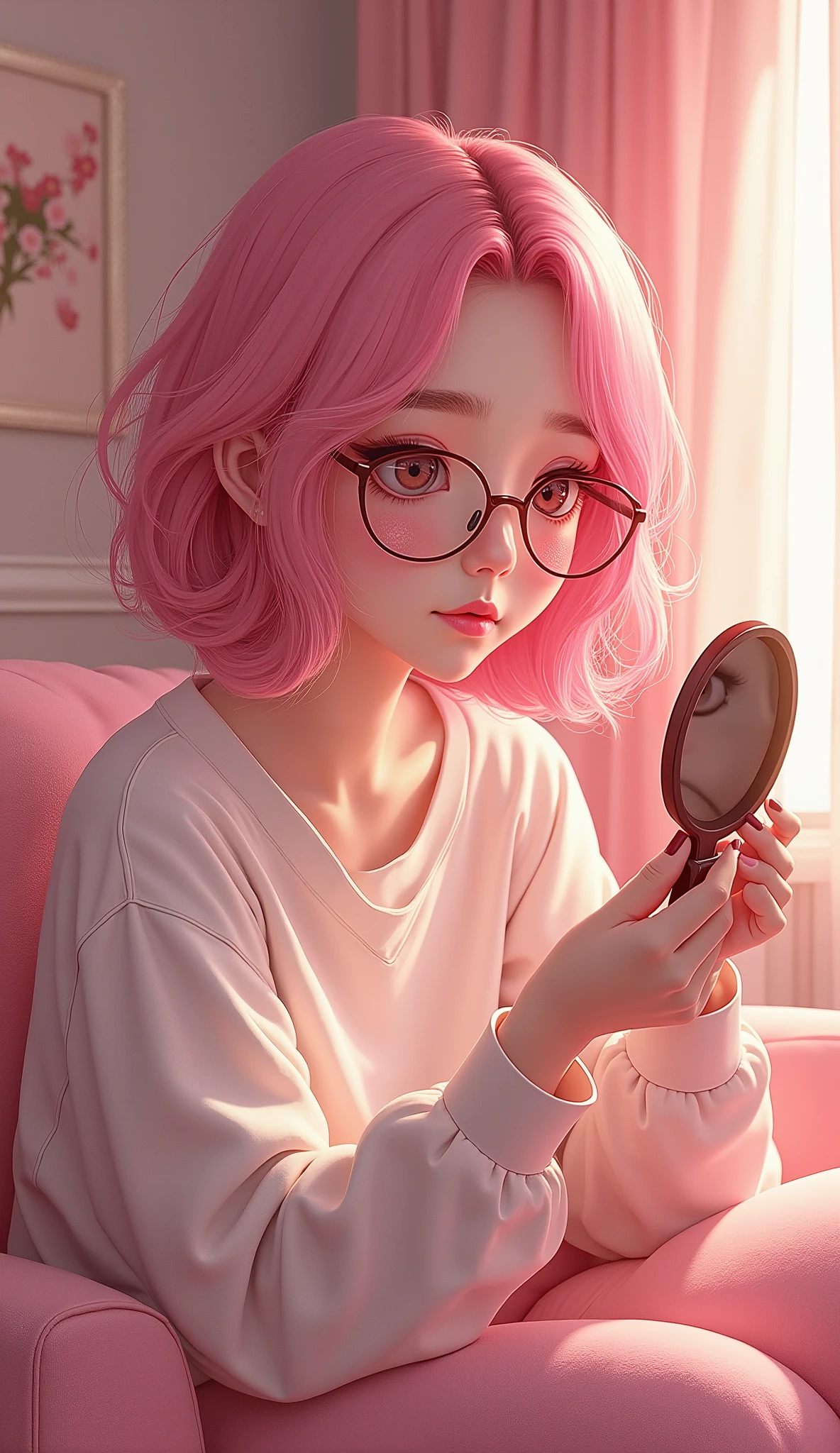  The image shows a girl with bright and expressive features,  bow stylized in the genre of anime or digital art . She has colorful hair ,  turning from blue to pink , , which gives it a fabulous and slightly fantasy look .  Her big eyes emphasize the soft and gentle look .  The girl is dressed in pale blue I wear clothes with a , , which adds sophistication and innocence to the image .

 In front of her is a bright pink cake ,  decorated with cream and berries ,  who is in the spotlight .  The background of the picture is a cozy cafe with soft light ,  with people sitting at other tables .  The cafe windows offer a view of a city street with blurred details ,  creating an atmosphere of warmth and comfort .

 The overall tone of the image is light and rich ,  conveying harmony and a sense of celebration or a pleasant moment .