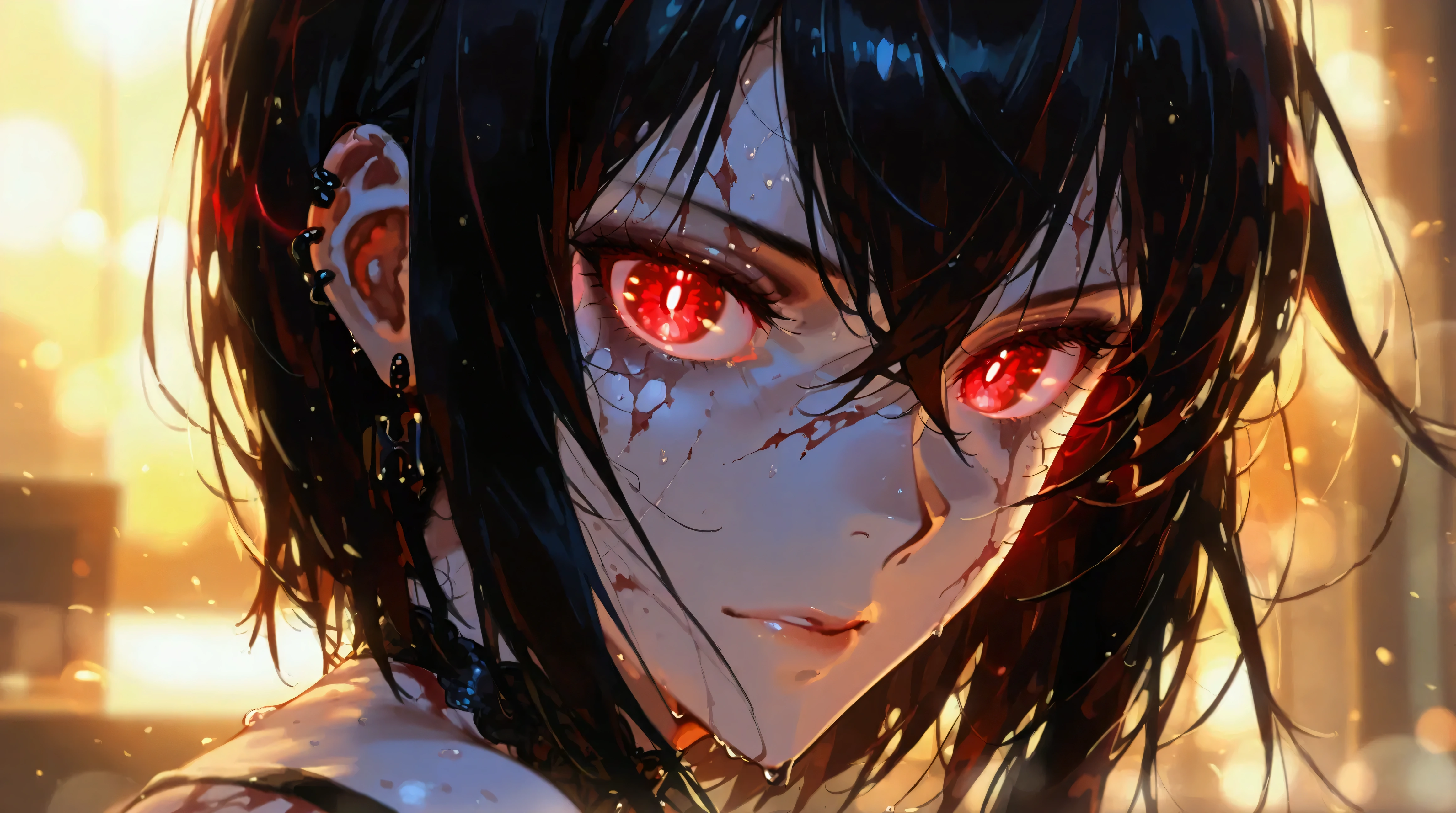 anime zombie girl with red eyes and black hair with long black hair, with red glowing eyes, anime style 4k, with glowing red eyes, glowing red eyes, red glowing eyes, red eyes glowing, black anime pupils in her eyes has, anime style. 8k, red glowing eyes, 4k anime wallpaper, anime zombie girl, piercing red eyes, bloody, badass anime 8k, close-up 1:1
