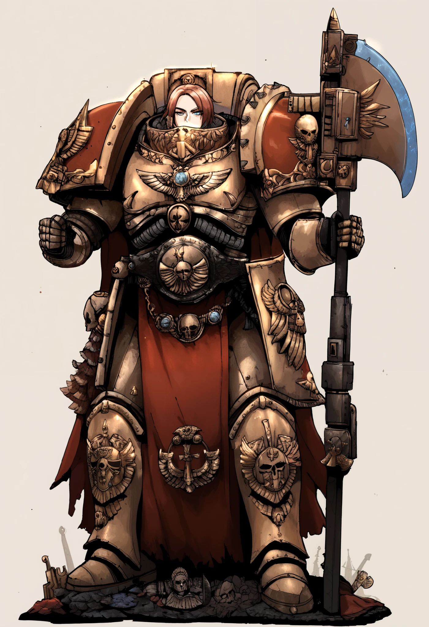 Anime, Concept art, Absurd resolution, high resolution, (masterpiece: 1.4), hyper-detail, warhammer 40k terminator armor, Juggernaut armor, heavy armor, knight, crusader, holding axe: 1.5, full body, glowing weapon, cloak, silver armor, edgy, grimdark, octosoup, 1man, bulky, buff, horror theme, adeptus custode, red plume, loin cloth,