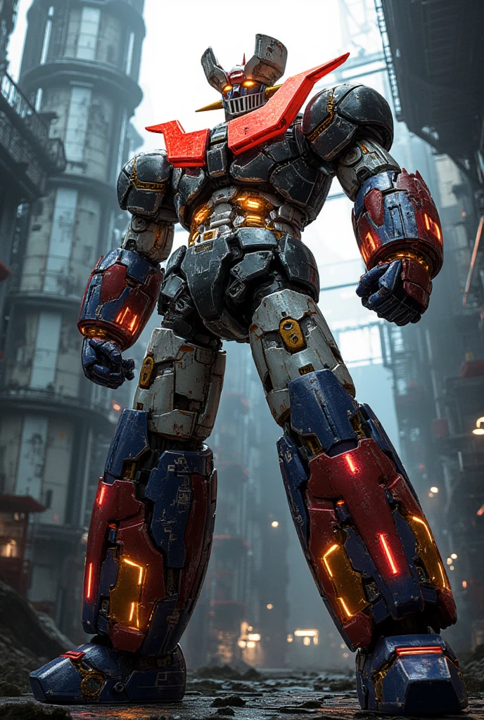 A very realistic version of the modded Mazinger Z, Standing in a forward position at a height of 100 meters .  constructed with modern materials such as steel ,  Carbon Fiber ,  other industrial elements are also visible ,  just like the real thing ,  where high voltage current flows and emits light have been carefully recreated. It is set in a modern nuclear reactor facility industrial environment ,  the appearance of Mazinger Z standing around ,  illuminated by natural light 、 huge structures highlighted with realistic shadows . LED light lighting 　Gundam