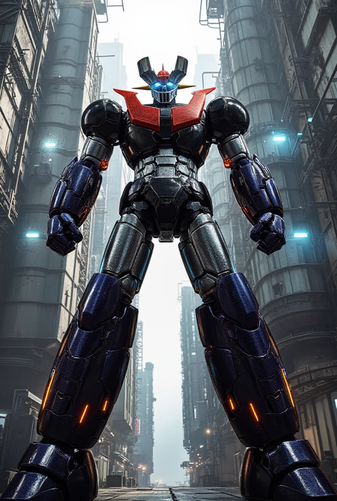 A very realistic version of the modded Mazinger Z, Standing in a forward position at a height of 100 meters .  constructed with modern materials such as steel ,  Carbon Fiber ,  other industrial elements are also visible ,  just like the real thing ,  where high voltage current flows and emits light have been carefully recreated. It is set in a modern nuclear reactor facility industrial environment ,  the appearance of Mazinger Z standing around ,  illuminated by natural light 、 huge structures highlighted with realistic shadows . LED light lighting 　Gundam