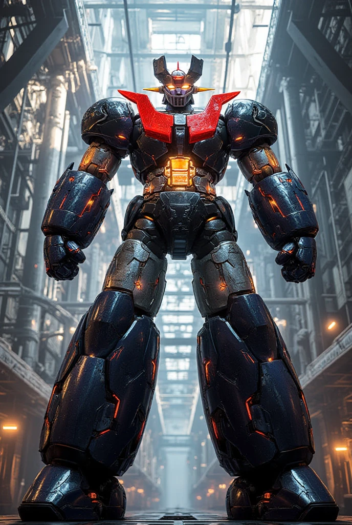 A very realistic version of the modded Mazinger Z, Standing in a forward position at a height of 100 meters .  constructed with modern materials such as steel ,  Carbon Fiber ,  other industrial elements are also visible ,  just like the real thing ,  where high voltage current flows and emits light have been carefully recreated. It is set in a modern nuclear reactor facility industrial environment ,  the appearance of Mazinger Z standing around ,  illuminated by natural light 、 huge structures highlighted with realistic shadows . LED light lighting 　Gundam