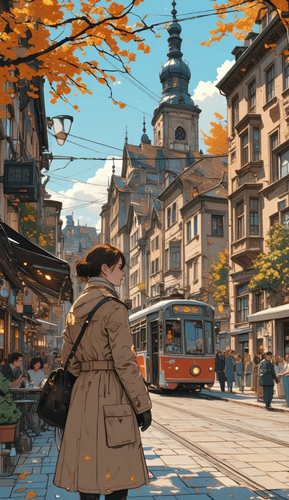 Close up of a woman walking through the streets of Strasbourg, the ancient capital of France, full color illustration , Picture of a woman walking through the city , Woman wearing a trench coat and scarf , conceptual art on a black cloth, Cafe in front of drama school ,With the passing streetcar in the background, A woman playing the violin ,Empty bottle,Rory Greasley, Most beautiful view  ,  Big Perspective,   just a joke  , visually stunning scene,  great background , sunlight filtering through the trees,Early Afternoon