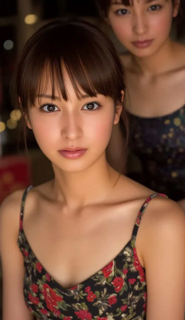 32K, masterpiece, masterpiece,  realistic ,  very detailed,    young woman standing on the roof ,  high res,  faces that Japanese men really like.,  Smoother Light  ,  Official Art,  the depth of the written border,  bright light, close,  detailed face , smile,  Beautiful Details in the Eyes , 19 years old Korean,  cute,  real skin texture deep into the night, T-Shirts,