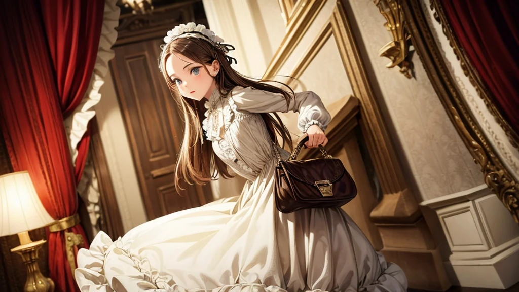     wearing a long dress and carrying a handbag, Victorian style costume,    Victorian Long Dress , victorian dress,  Rococo Long Dress   , Historical Baroque Dresses,   Victorian Fashion   ,   I have a young girl wearing 1800's clothes    ,   Victorian Fashion   ,  I have a young girl I have a young girl wearing 1800's clothes    ,   Cotton underwear is visible   ,   watching viewers 、Bloomers  , Feeling Face,、    low angle