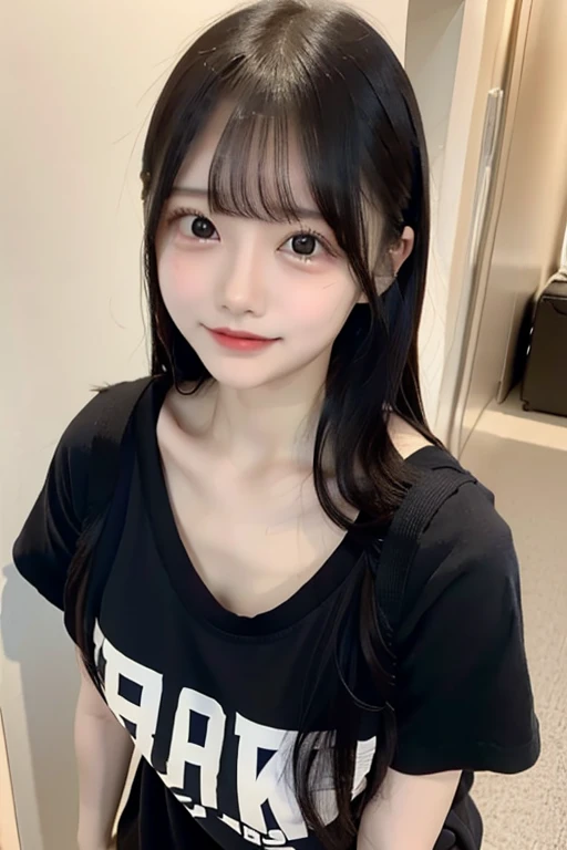 oversized t-shirt, 1 girl, Japanese ,18 years old, cute, dark-haired, small breasts,smile,、、 lean forward、、 from above、Breast flick